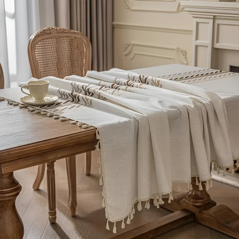 Elegance Leaves Embroidered Tablecloth — product in use
