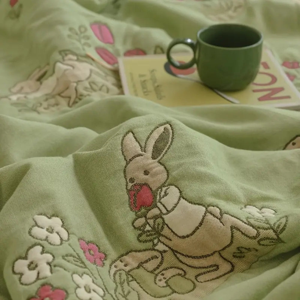 Embroidered Bunny Floral Cotton Blanket — product feature detail