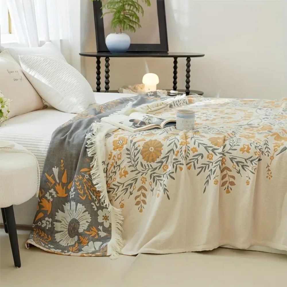 Versailles-Inspired Reversible Floral Blanket — product in use