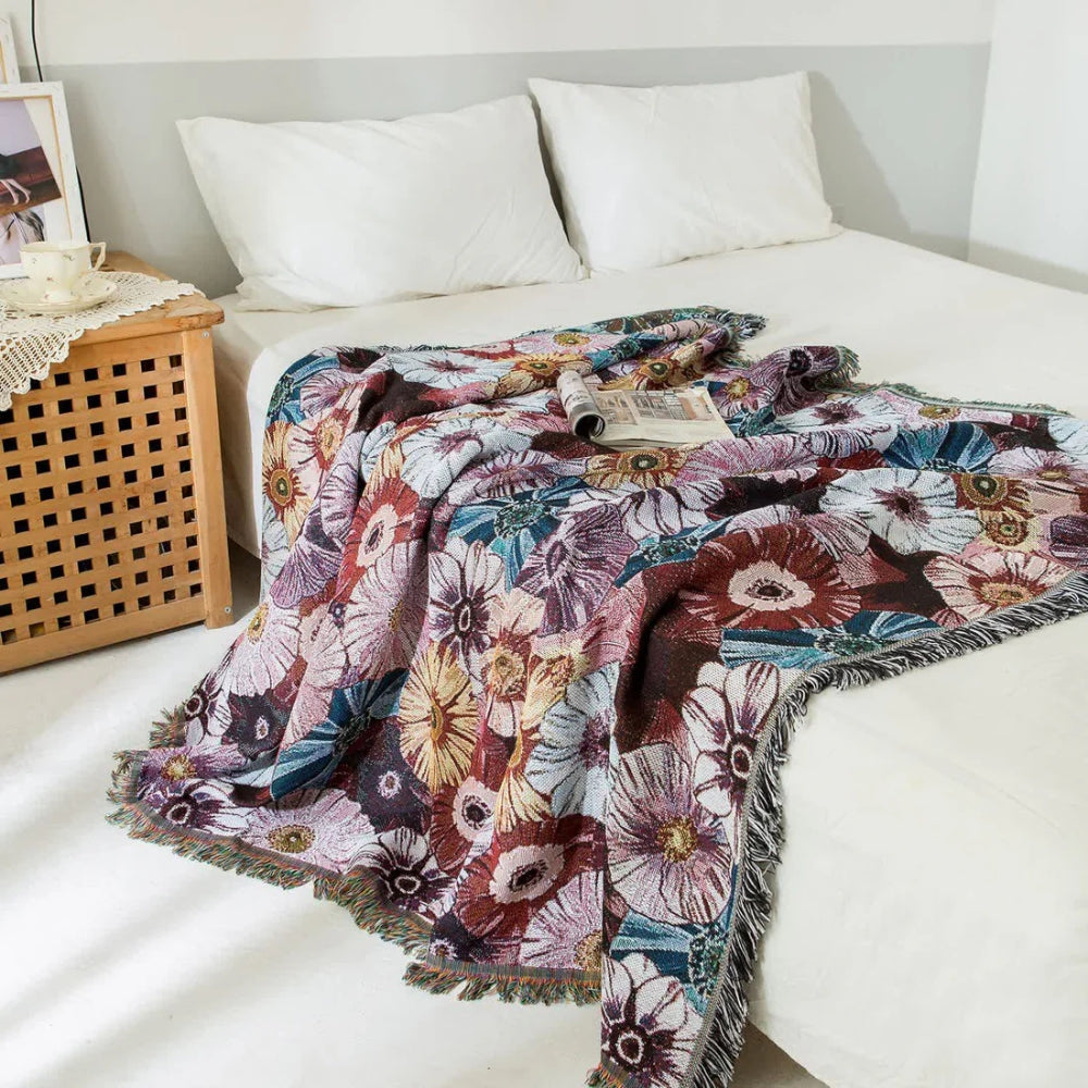Vintage Flora Woven Tasseled Blanket — product in use