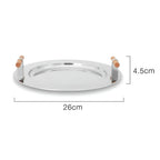 Elegant Stainless Steel Round Tray with Wooden Handles — alternate angle view