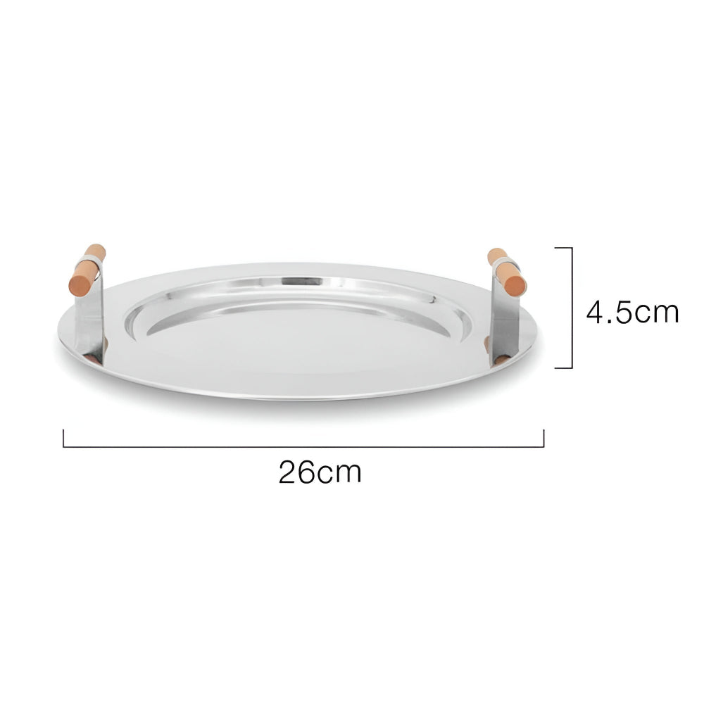 Elegant Stainless Steel Round Tray with Wooden Handles — alternate angle view