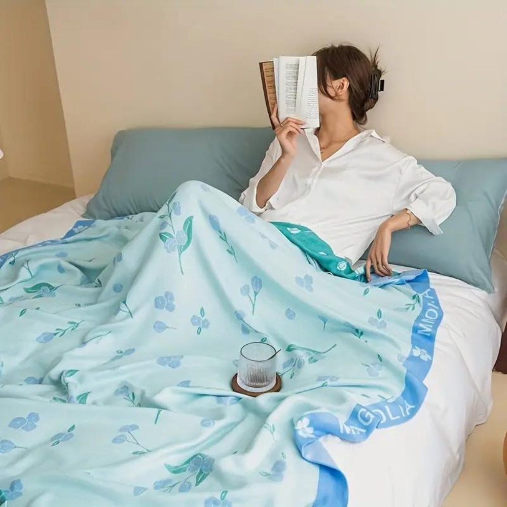 Blue Floral Bamboo Fibre Cooling Blanket — product close-up
