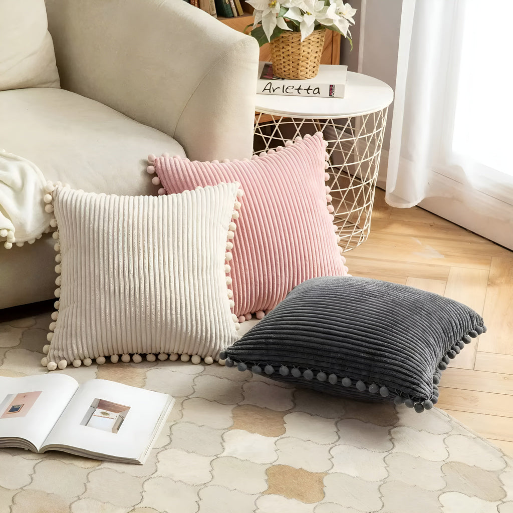 Plush Ribbed Pom-Pom Cushion Cover — product in use