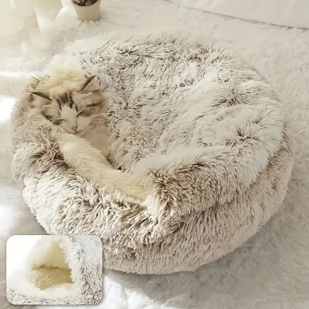 Round Hooded Faux Fur Pet Bed — lifestyle shot