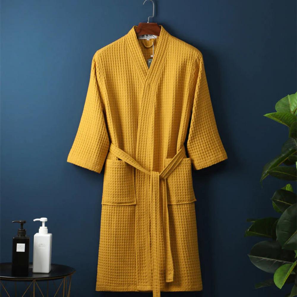 Waffle V-neck Bathrobe — lifestyle shot