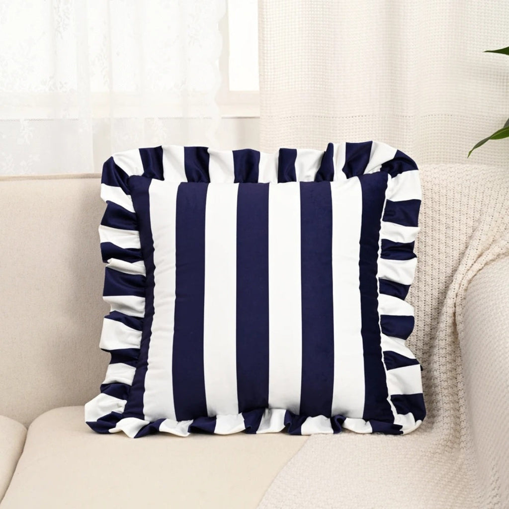 Retro Striped Ruffle Cushion Cover — material texture close-up