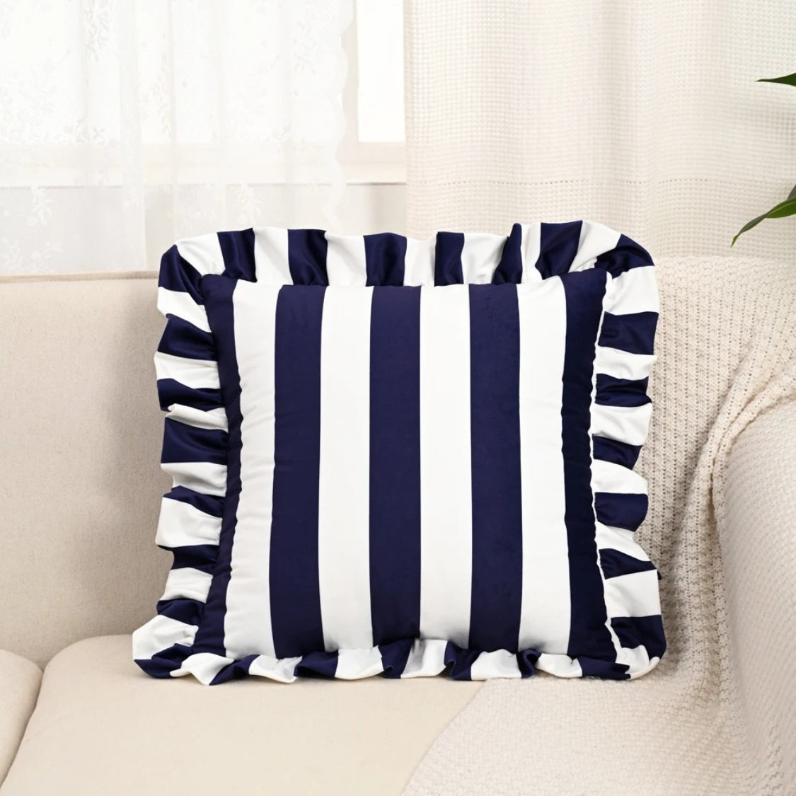 Retro Striped Ruffle Cushion Cover — material texture close-up