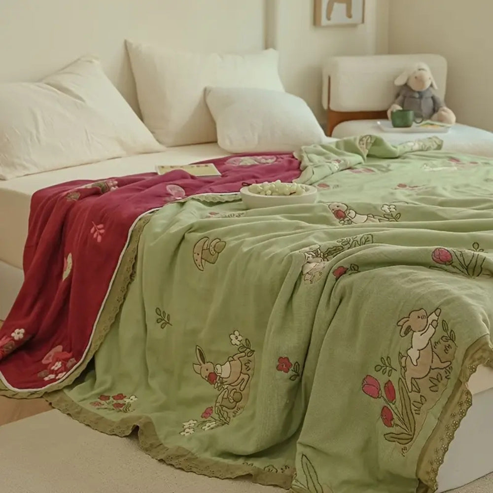Embroidered Bunny Floral Cotton Blanket — product close-up