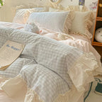 Gingham Check Ruffled Edges Bedding Set — product in use