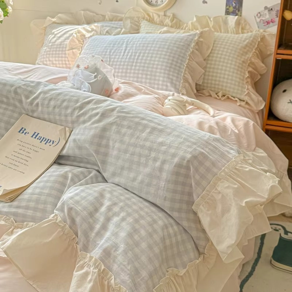 Gingham Check Ruffled Edges Bedding Set — product in use