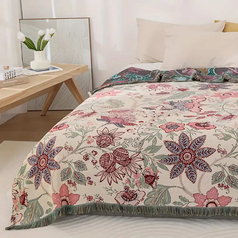 Blossom Weave Flora Tassel Blanket — product in use