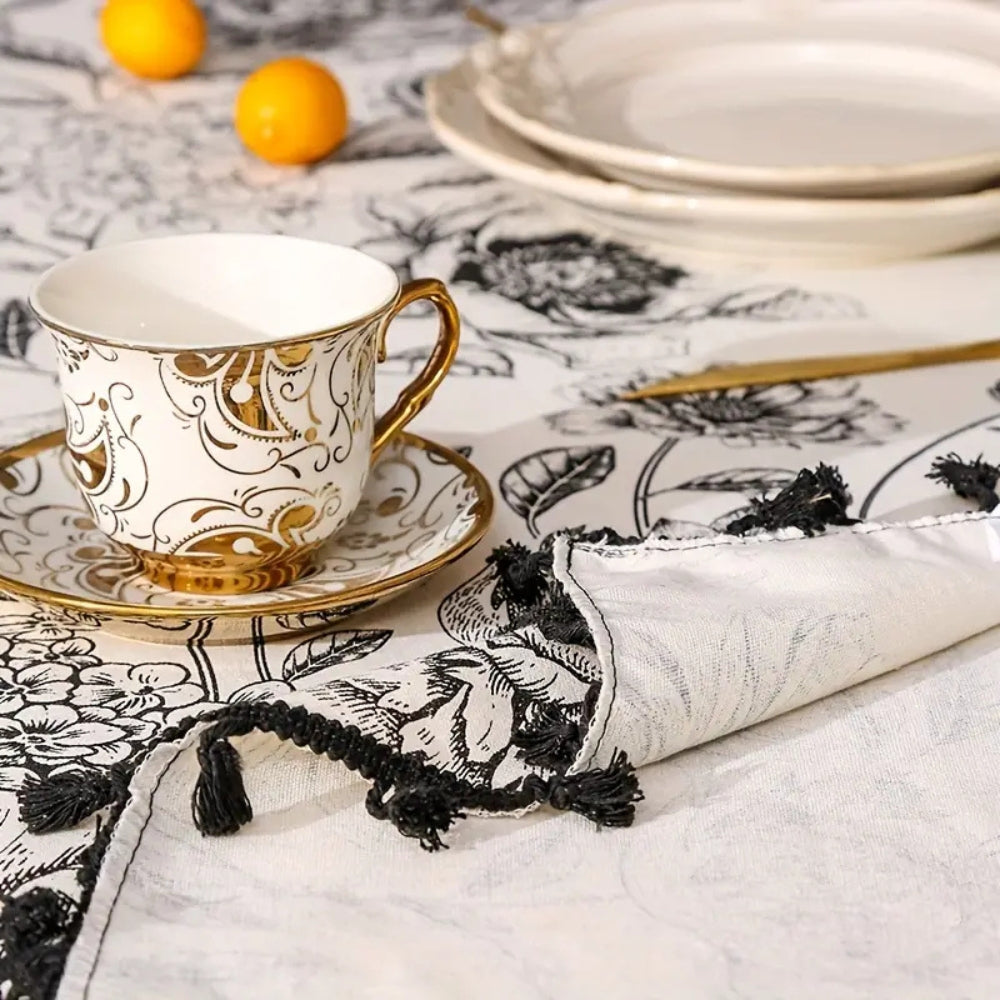 Black Floral Tasseled Farmhouse Tablecloth — additional view