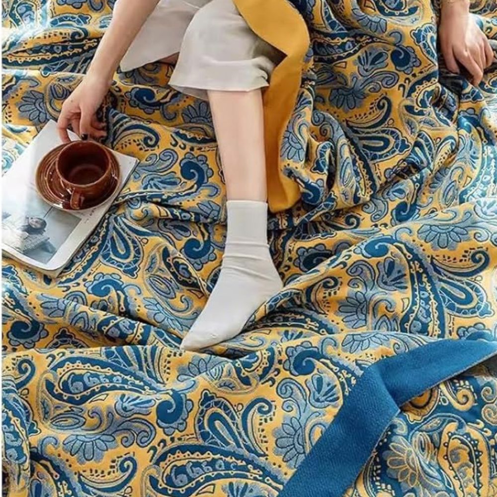 Azure Golden Retro Cotton Blanket — lifestyle shot