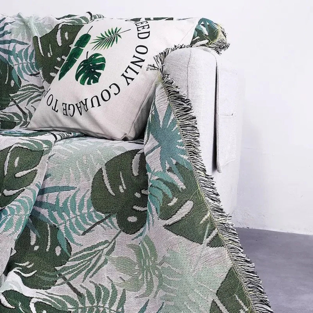 Palm Leaves Sofa Cover Tassel Blanket — alternate angle view