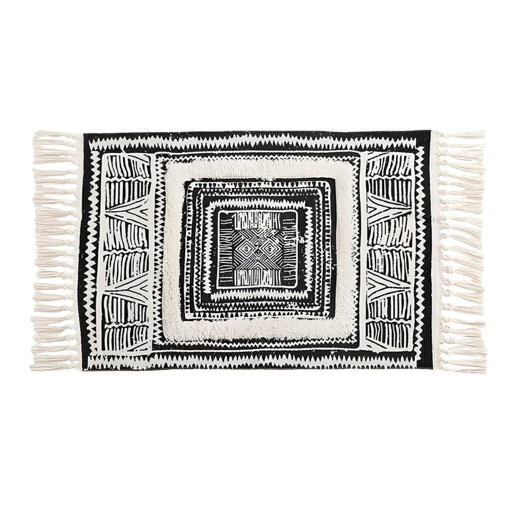 Black and White Geometric Tassel Floor Mat — product close-up
