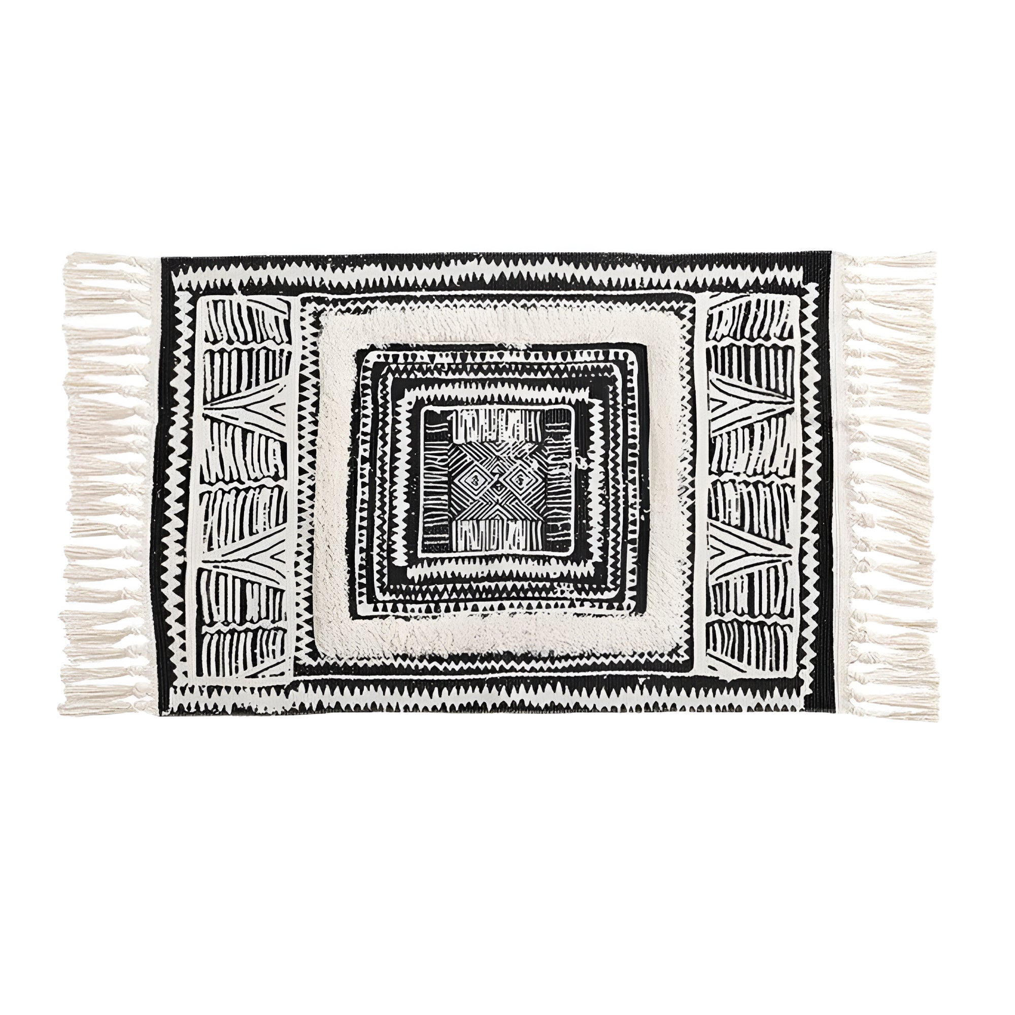 Black and White Geometric Tassel Floor Mat — product close-up