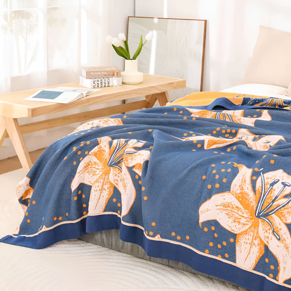 Serene Lily Floral Cotton Blanket — product detail view
