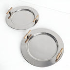 Elegant Stainless Steel Round Tray with Wooden Handles — product detail view