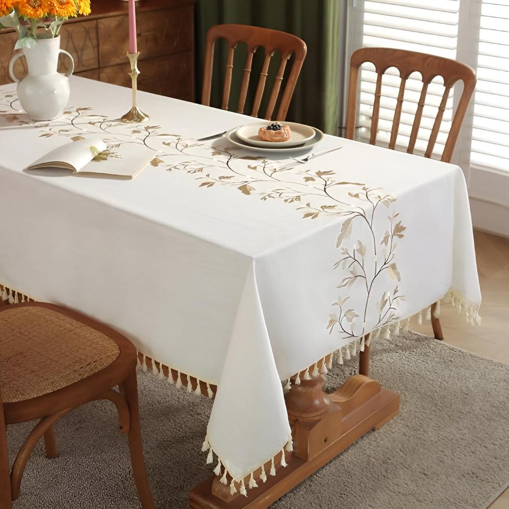 Embroidered Floral Tassel Tablecloth — product in use