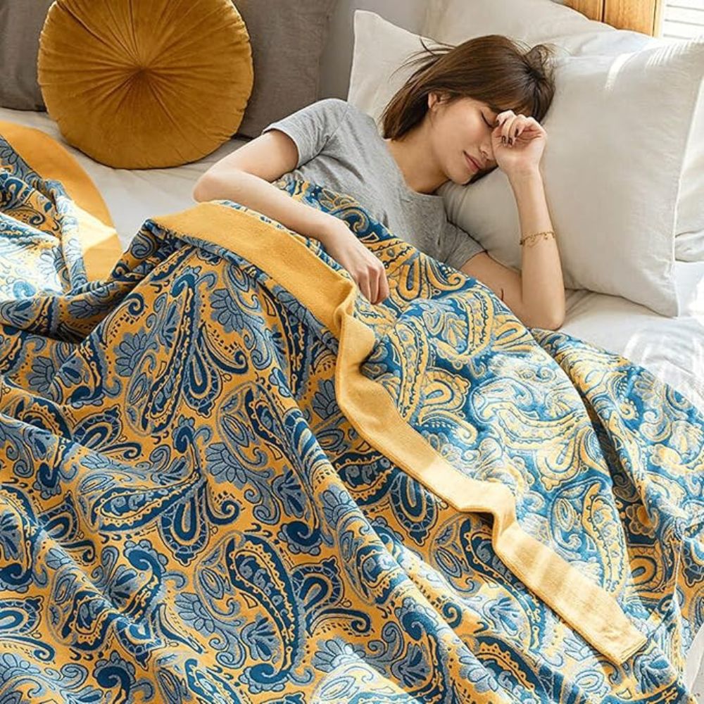 Azure Golden Retro Cotton Blanket — product detail view
