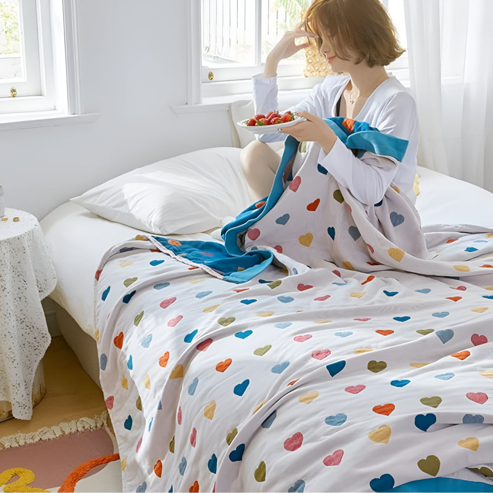 Whimsical Hearts Reversible Cotton Blanket — product detail view