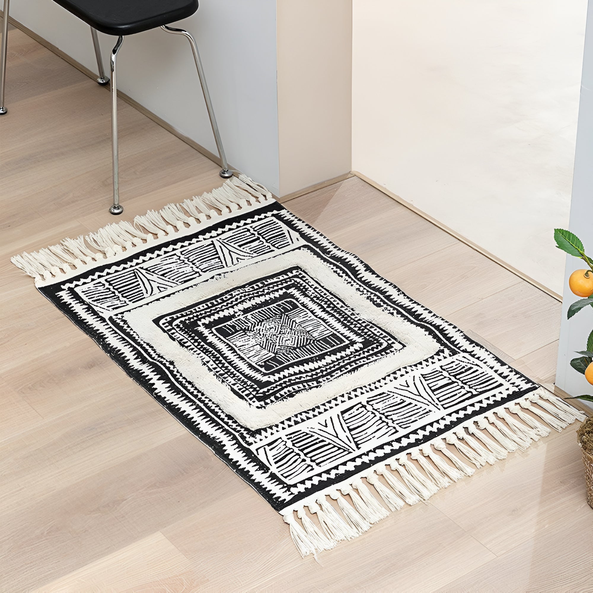 Black and White Geometric Tassel Floor Mat — main product photo