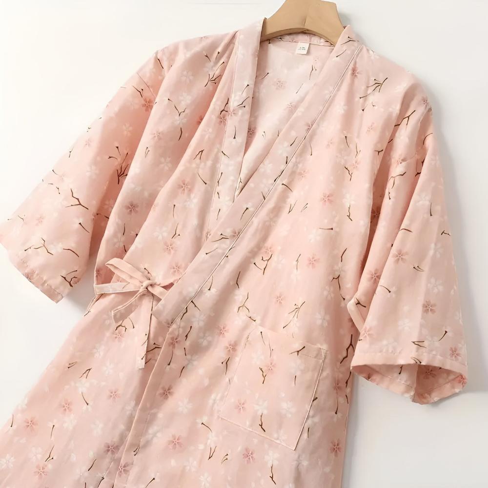 Women's Floral Pattern Cotton Bathrobe — material texture close-up