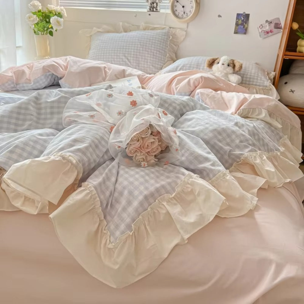 Gingham Check Ruffled Edges Bedding Set — lifestyle shot