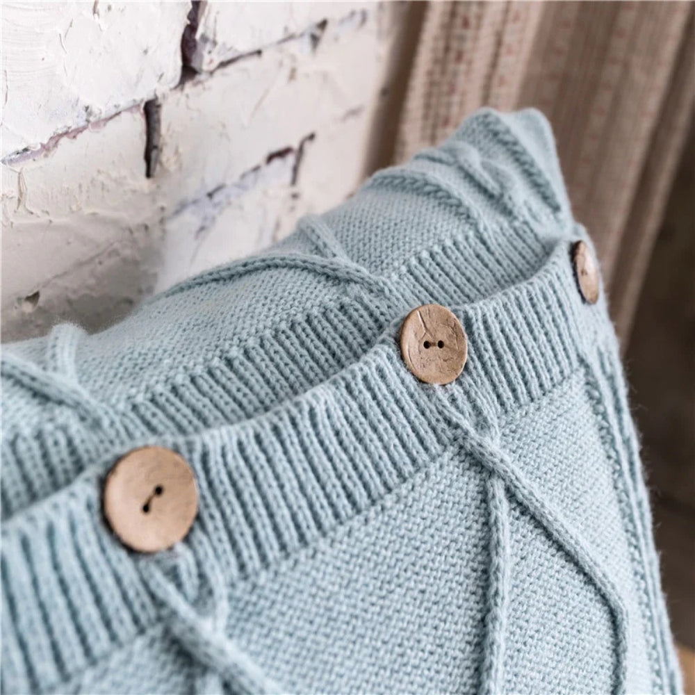 Button Closure Knit Cushion Cover — product in use