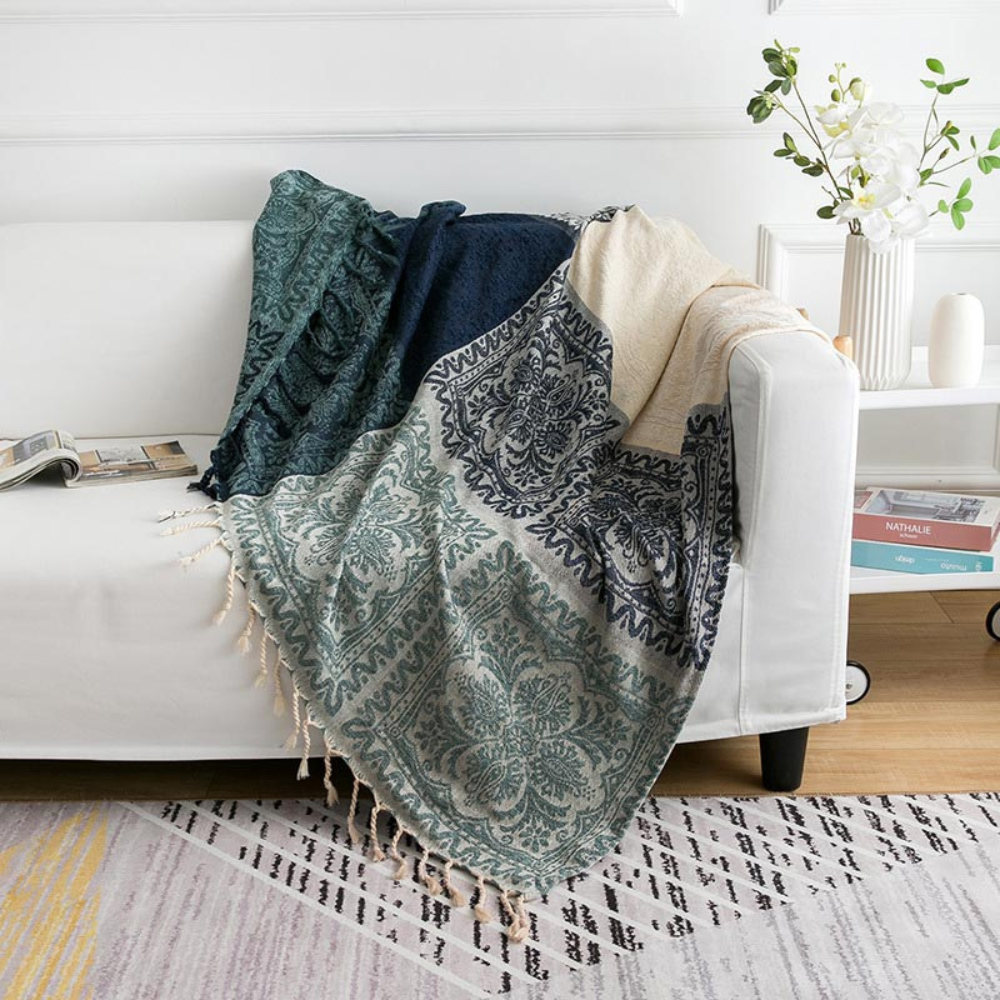 Floral Tassel Knit Bohemian Blanket — product close-up