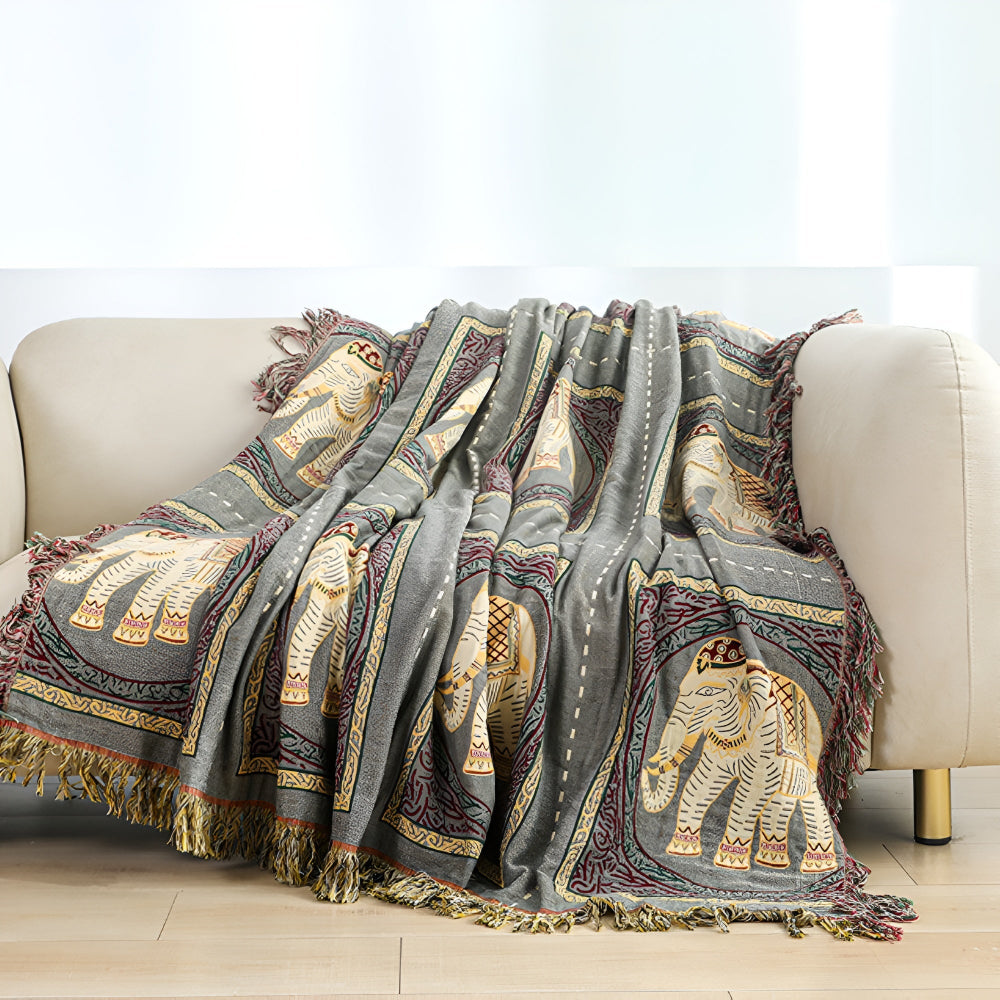 Bohemian Elephant Print Tassel Blanket — product in use
