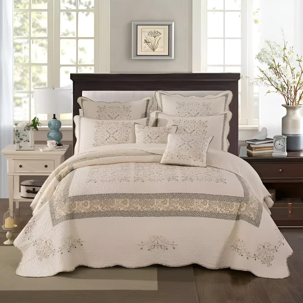 Elegant Embroidered Patchwork Thread Coverlet — alternate angle view