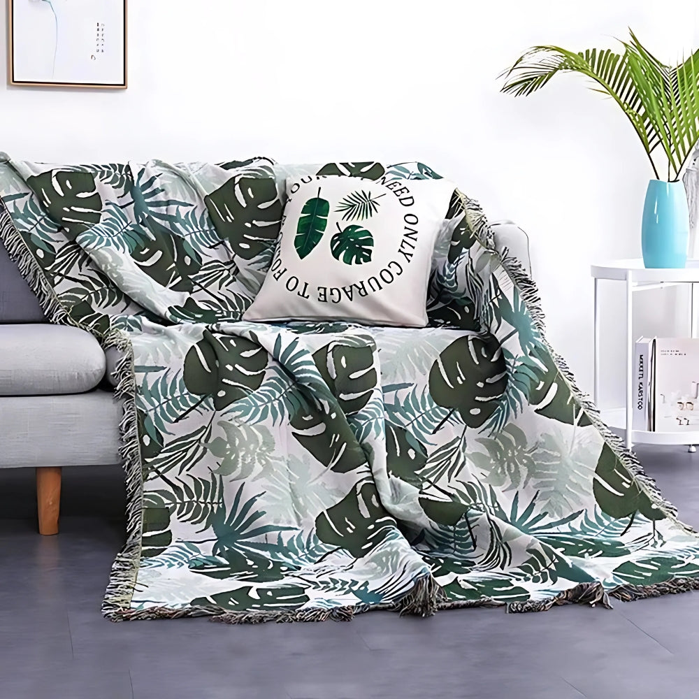 Palm Leaves Sofa Cover Tassel Blanket — product in use