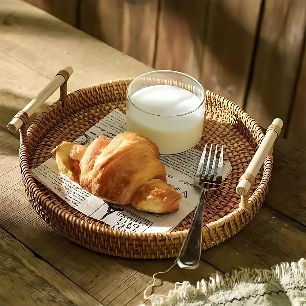 Handcrafted Rattan Serving Tray — product in use