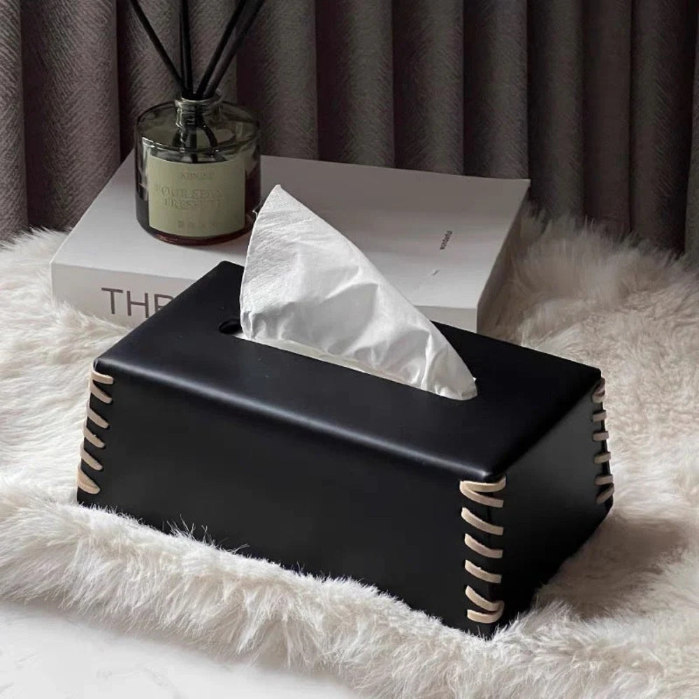 Stitched Leather Tissue Box Holder — alternate angle view