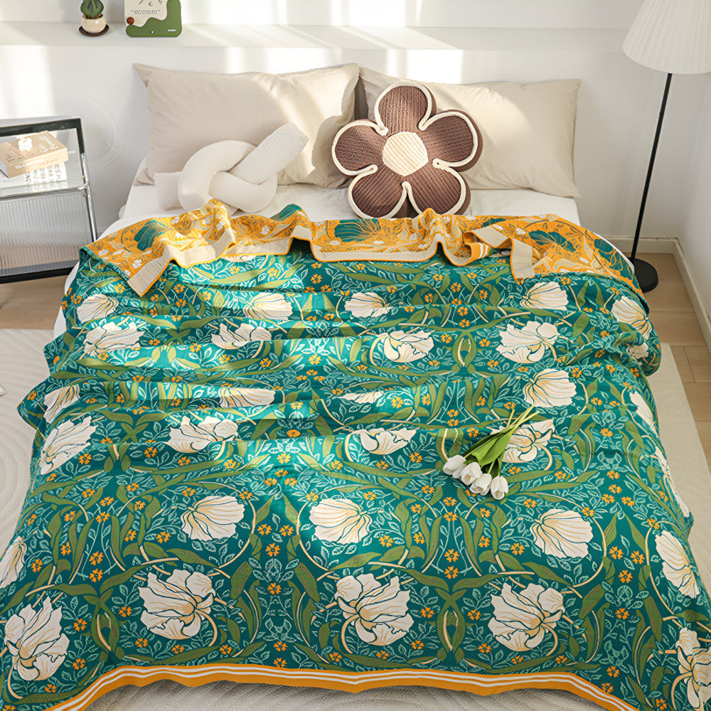 Green Botanical Bloom Cotton Blanket — main product photo