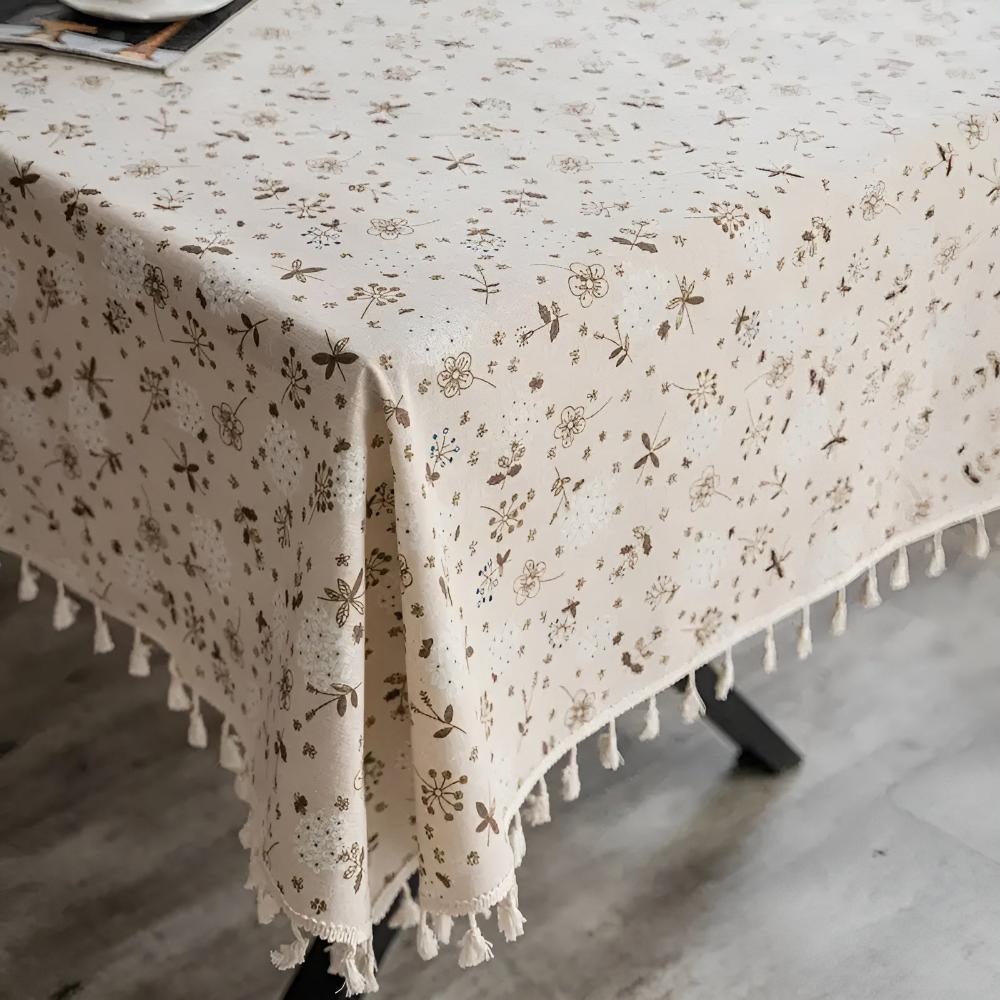 Dandelion Beige Tassel Tablecloth — lifestyle shot
