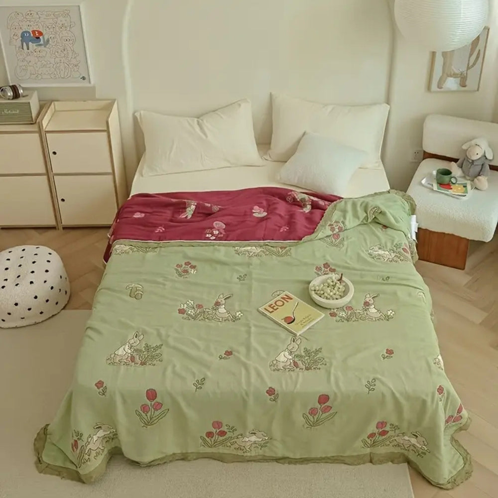 Embroidered Bunny Floral Cotton Blanket — main product photo