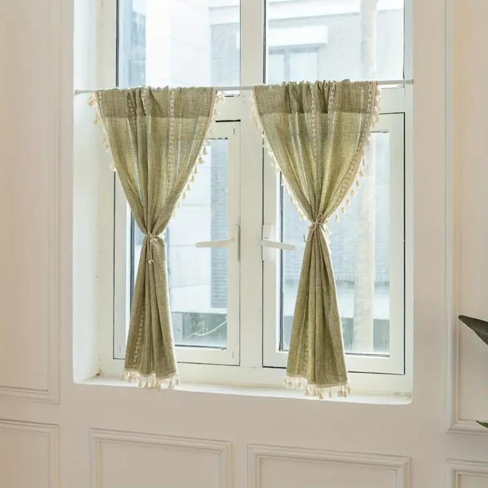 Boho Cotton Linen Kitchen Curtains — alternate angle view