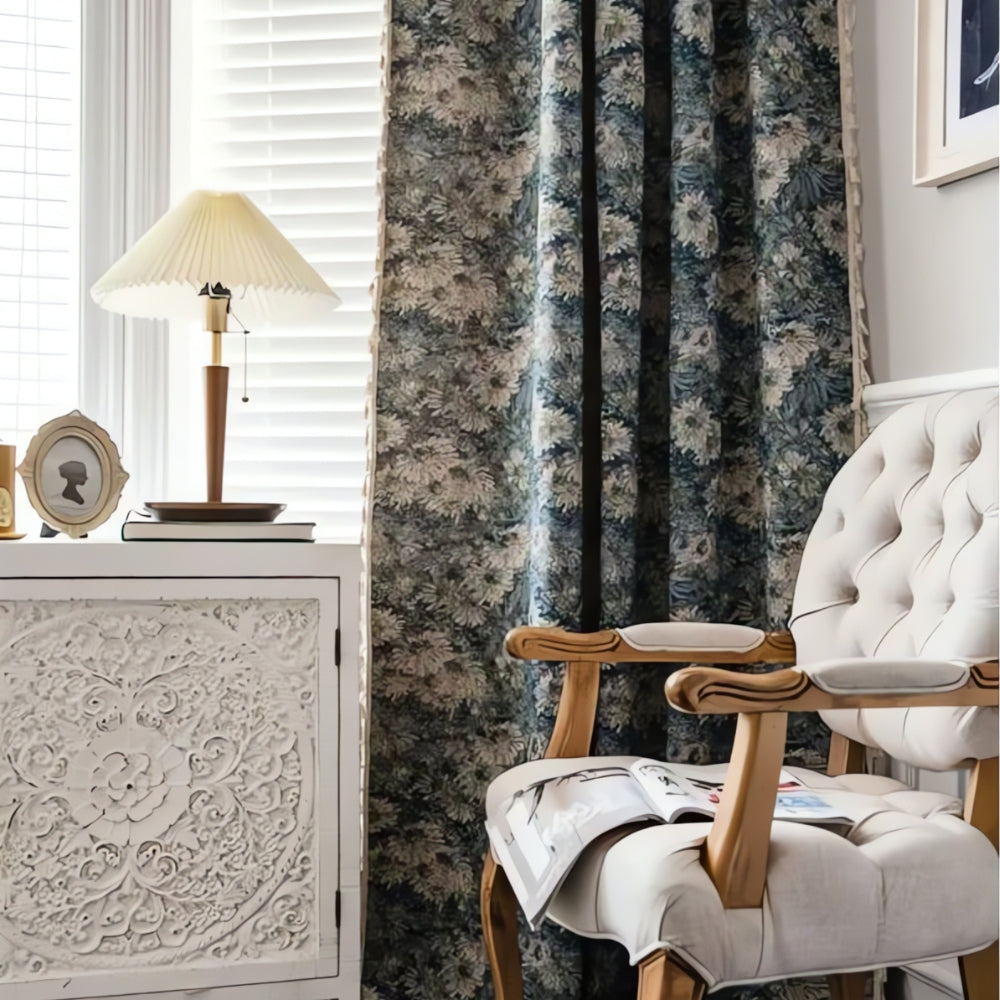 Navy Floral Tassel Curtains — product close-up