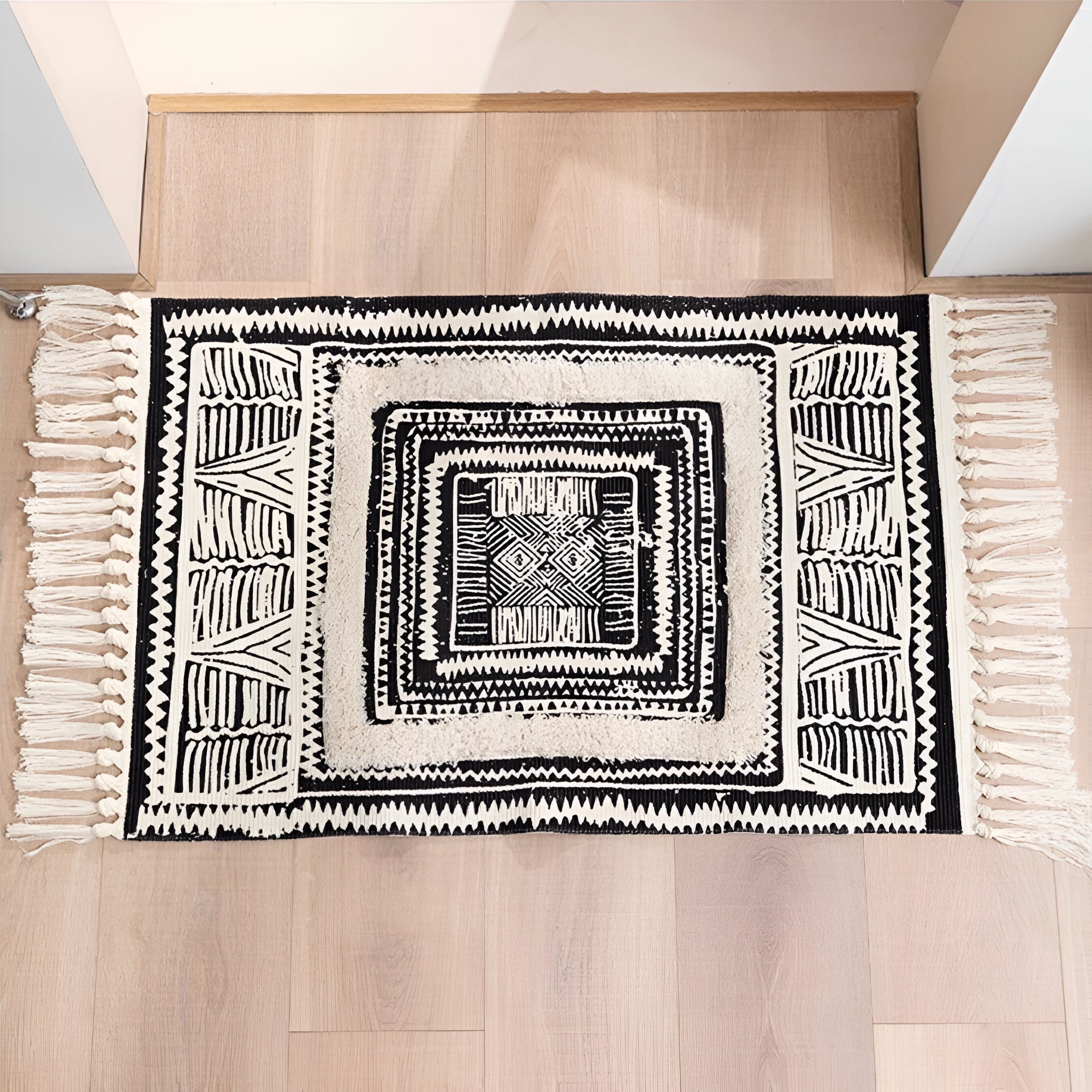 Black and White Geometric Tassel Floor Mat — product detail view