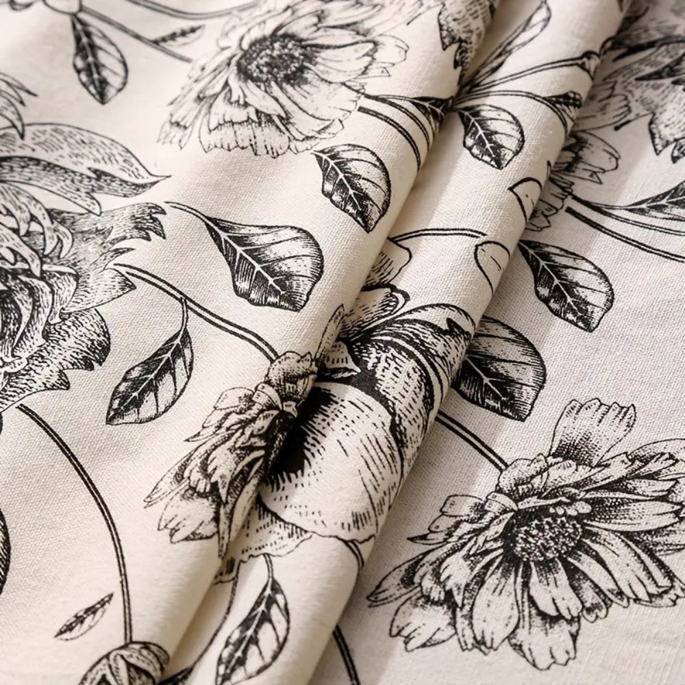 Black Floral Tasseled Farmhouse Tablecloth — alternate angle view