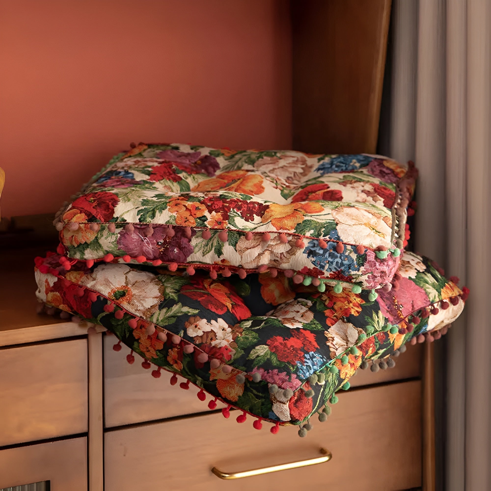 Retro Floral Bohemian Tassel Cushion — product detail view