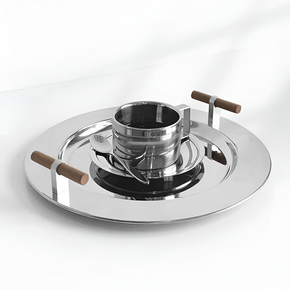 Elegant Stainless Steel Round Tray with Wooden Handles — product in use