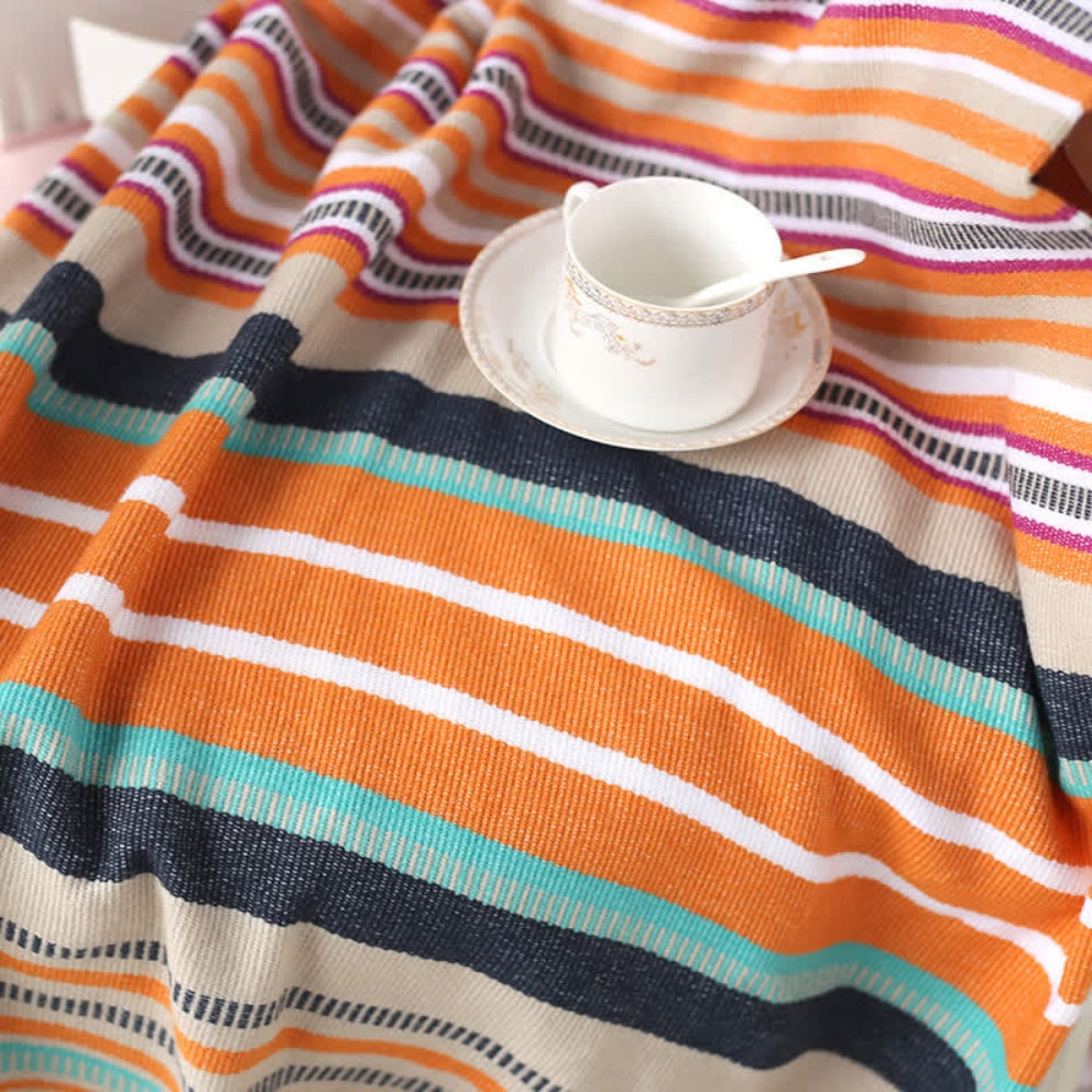 Rainbow Striped Tassel Blanket — lifestyle shot