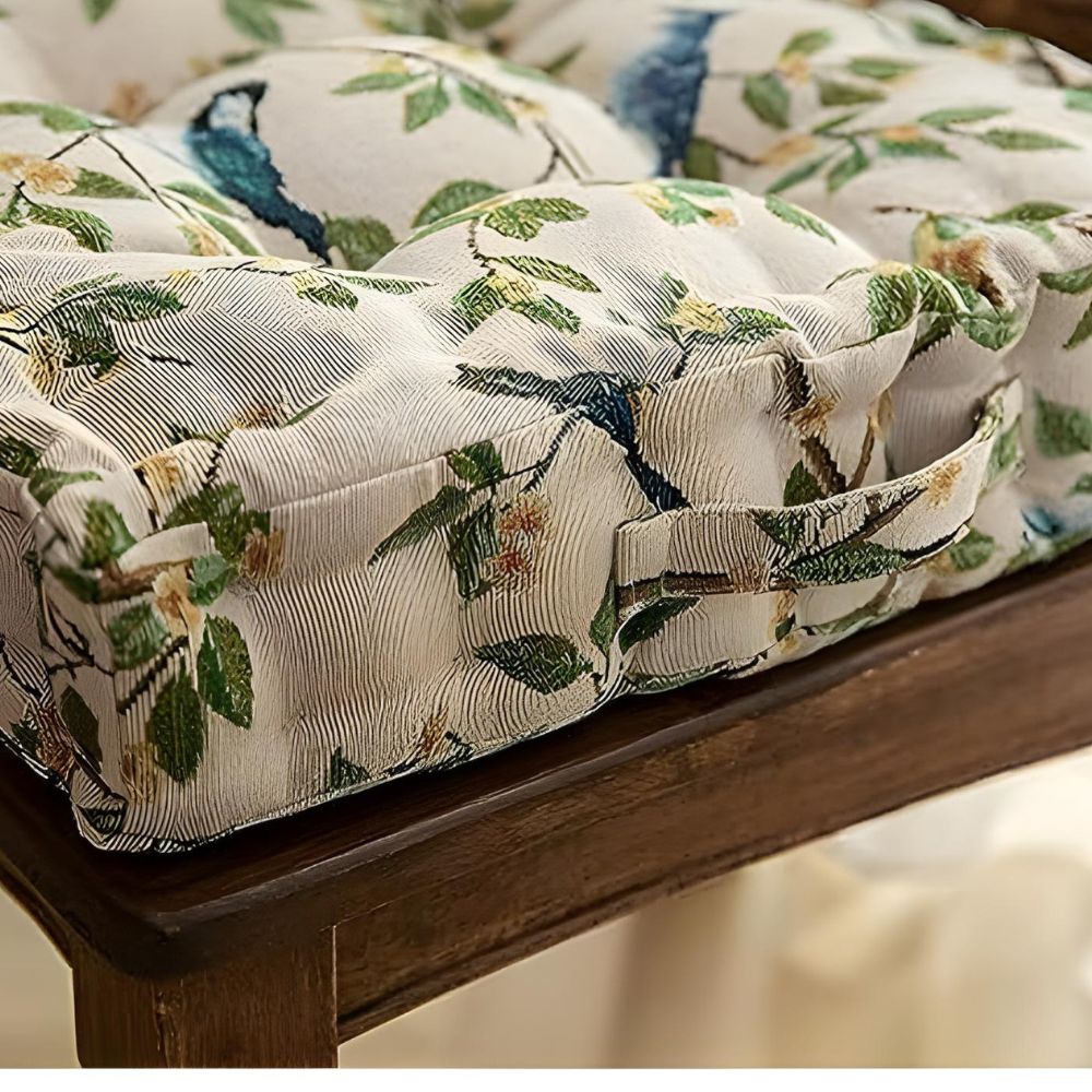 Whimsical Bird Leaf Cushion — product in use