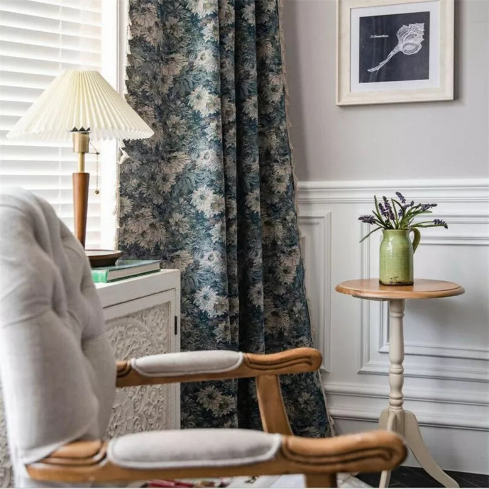 Navy Floral Tassel Curtains — lifestyle shot