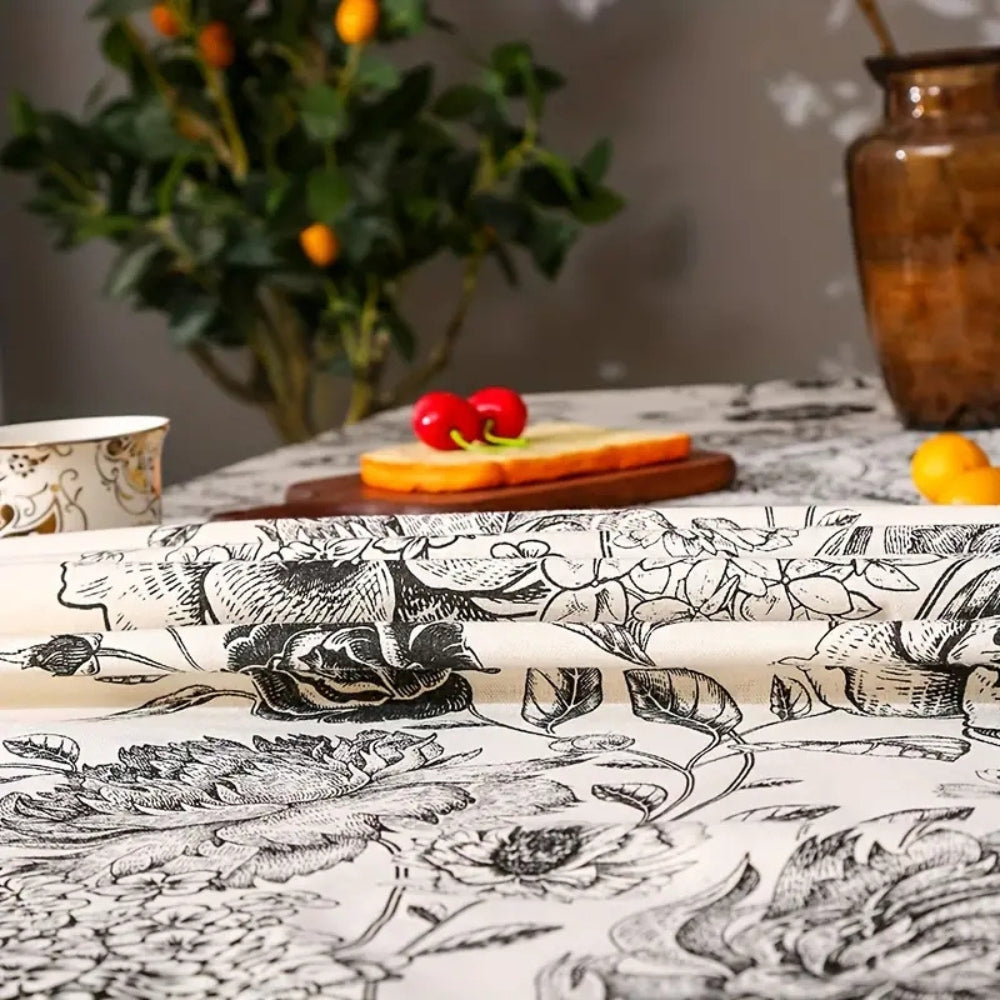 Black Floral Tasseled Farmhouse Tablecloth — product close-up