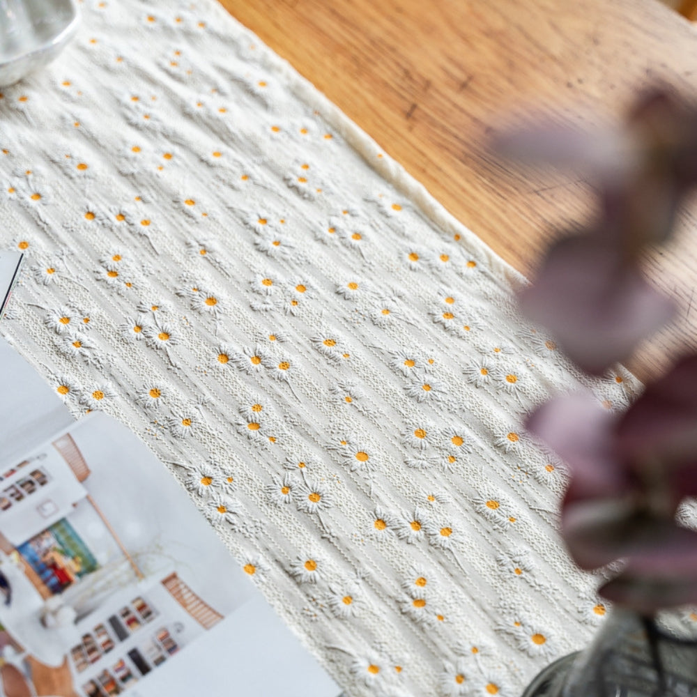 Playful Daisy Embroidered Boho Table Runner — alternate angle view